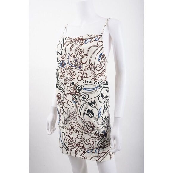 Zara Womens Beaded Mini Dress Ivory Brown Printed L Large 7521/041 NWT - Picture 4 of 6